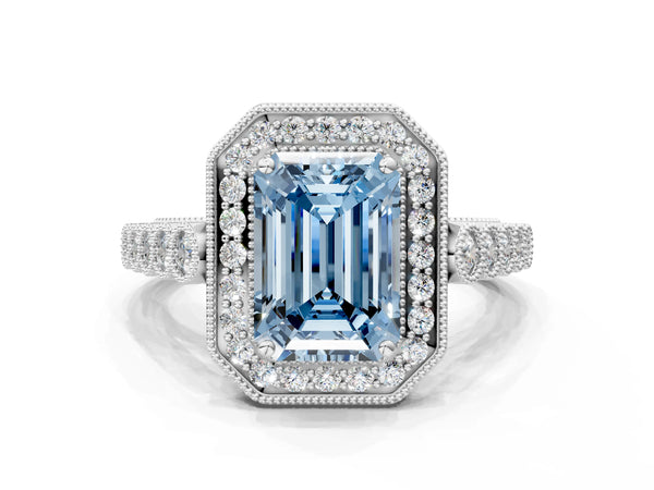 White gold Fancy Blue Emerald  Halo Milgrain Solitaire with Bezel Set Side Stones and Pave Band