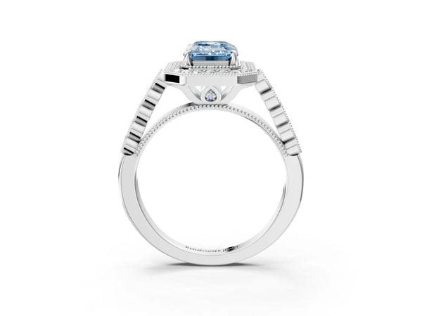White gold Fancy Blue Emerald  Halo Milgrain Solitaire with Bezel Set Side Stones and Pave Band