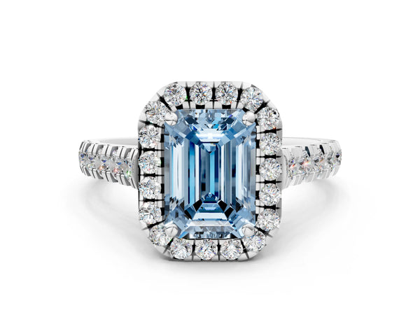 Platinum Fancy Blue Emerald  Halo Pavé Diamond Engagement Ring with Four-Prong Setting