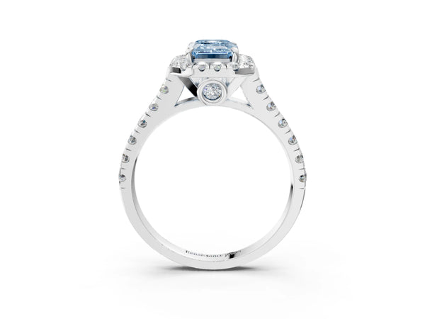Platinum Fancy Blue Emerald  Halo Pavé Diamond Engagement Ring with Four-Prong Setting