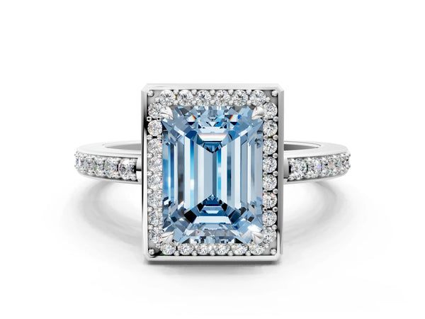 Platinum Fancy Blue Emerald  Halo Pave Band Solitaire Ring with Prong Setting