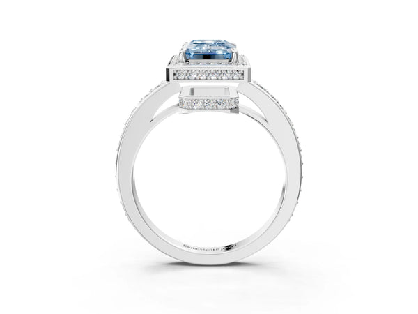 Platinum Fancy Blue Emerald  Halo Pave Band Solitaire Ring with Prong Setting