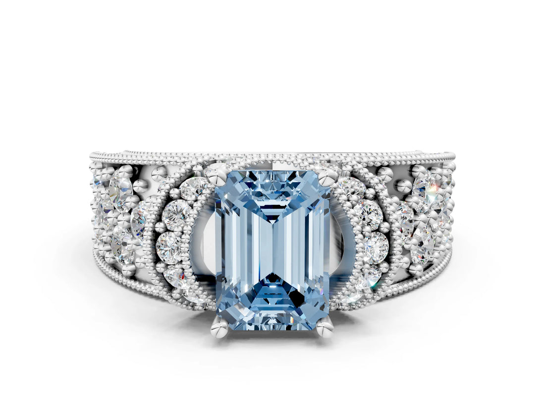 White gold Fancy Blue Emerald  Halo Pave Diamond Engagement Ring with Milgrain Detailing_52