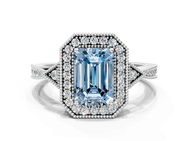 Platinum Fancy Blue Emerald  Halo Round Diamond Milgrain Pave Engagement Ring