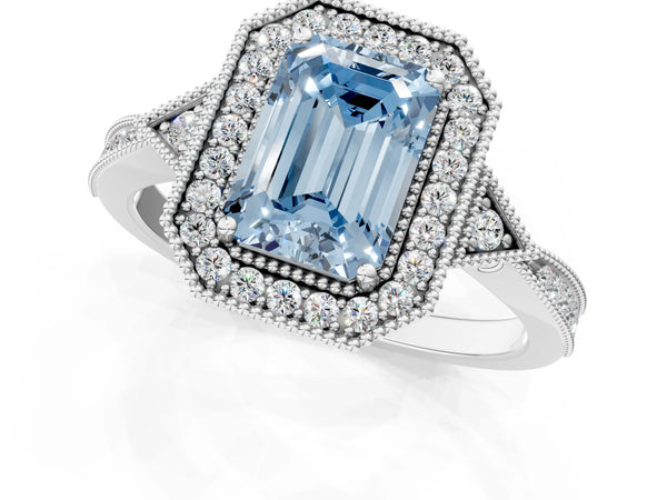 Platinum Fancy Blue Emerald  Halo Round Diamond Milgrain Pave Engagement Ring