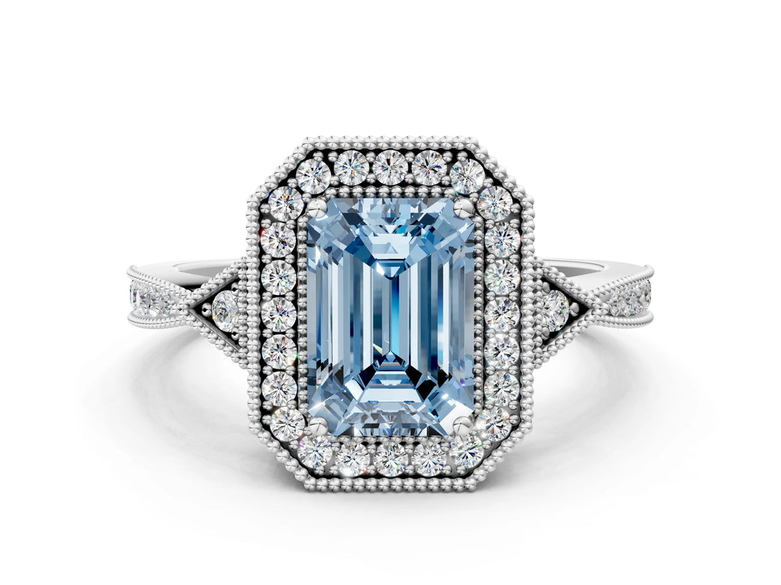 White gold Fancy Blue Emerald  Halo Round Diamond Milgrain Pave Engagement Ring_9