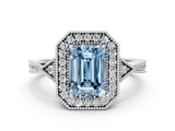 White gold Fancy Blue Emerald  Halo Round Diamond Milgrain Pave Engagement Ring_9