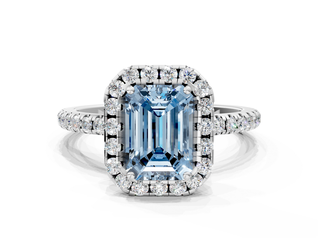 White gold Fancy Blue Emerald  Halo Round Diamond Pavé Band Four-Prong Ring_3