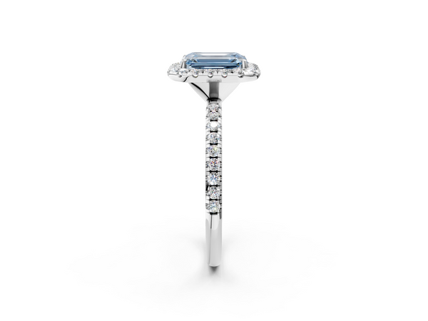 Platinum Fancy Blue Emerald  Halo Round Diamond Pavé Band Four-Prong Ring
