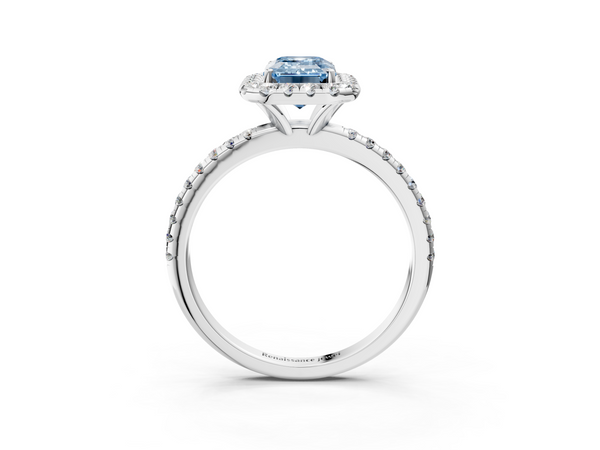 Platinum Fancy Blue Emerald  Halo Round Diamond Pavé Band Four-Prong Ring
