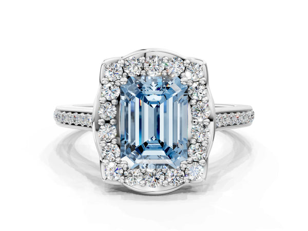 White gold Fancy Blue Emerald  Halo Round Diamond Pave Band with Four-Prong Setting