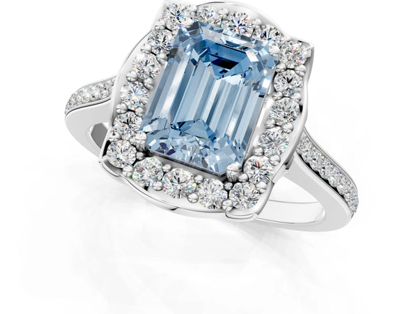 White gold Fancy Blue Emerald  Halo Round Diamond Pave Band with Four-Prong Setting