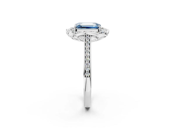 White gold Fancy Blue Emerald  Halo Round Diamond Pave Band with Four-Prong Setting
