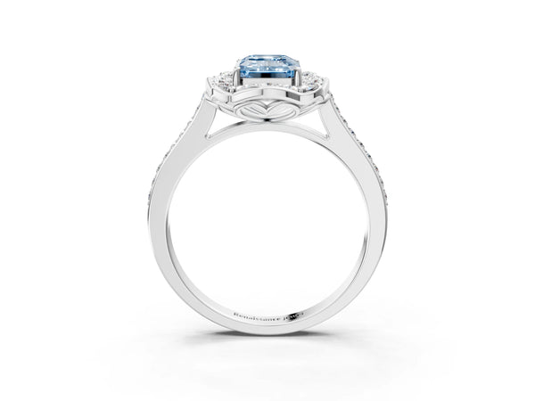 White gold Fancy Blue Emerald  Halo Round Diamond Pave Band with Four-Prong Setting