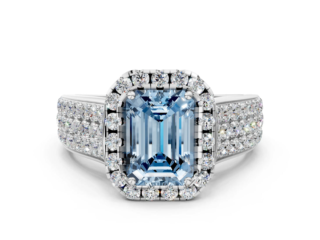 White gold Fancy Blue Emerald  Halo Round Diamond Pave Band with Prong Setting_12