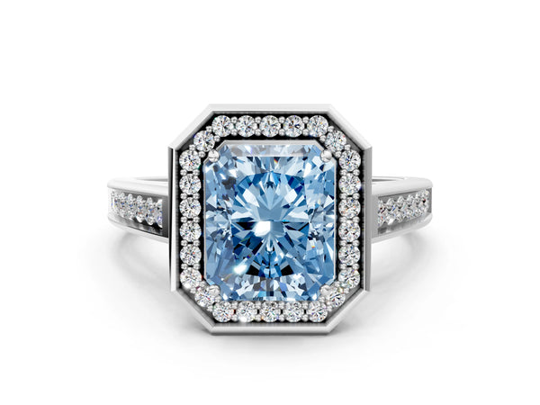 White gold Fancy Blue Emerald  Halo Solitaire Diamond Ring with Pave Band and Bezel Setting