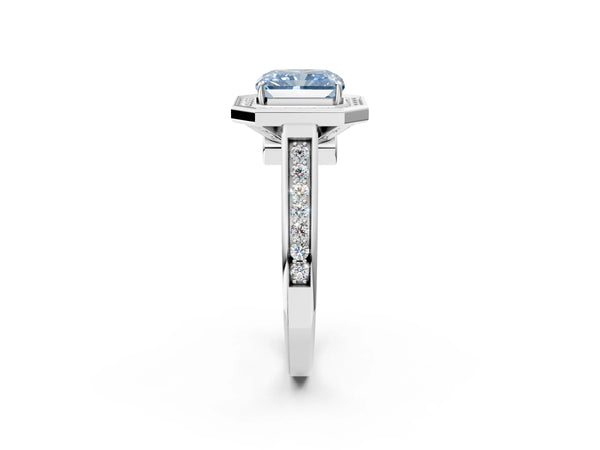 White gold Fancy Blue Emerald  Halo Solitaire Diamond Ring with Pave Band and Bezel Setting