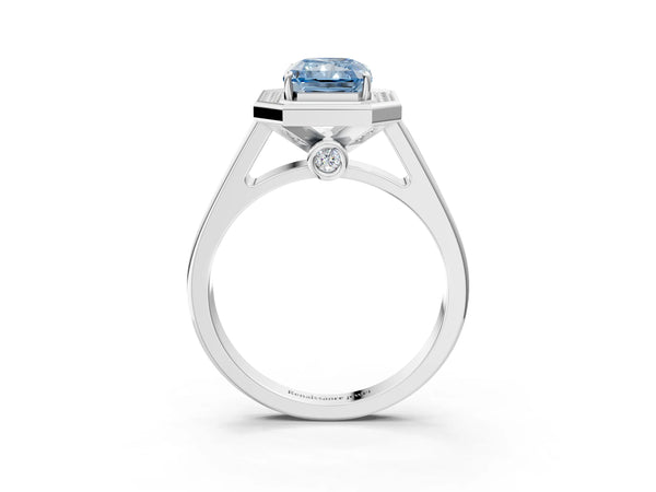 White gold Fancy Blue Emerald  Halo Solitaire Diamond Ring with Pave Band and Bezel Setting