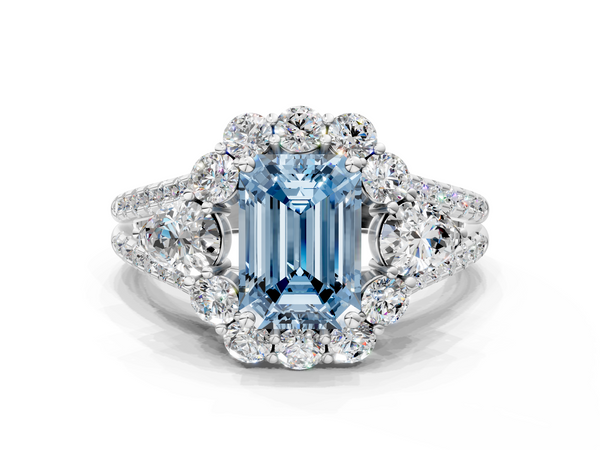 White gold Fancy Blue Emerald  Halo Split Shank Diamond Engagement Ring with Prong Setting