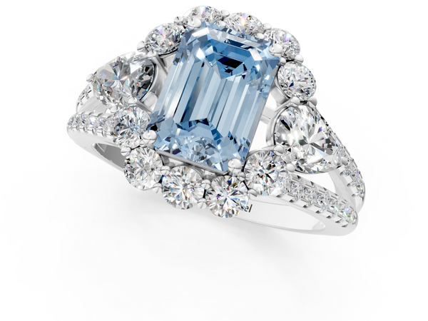 White gold Fancy Blue Emerald  Halo Split Shank Diamond Engagement Ring with Prong Setting
