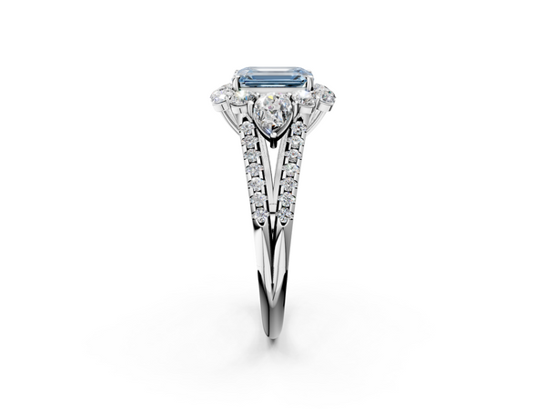 White gold Fancy Blue Emerald  Halo Split Shank Diamond Engagement Ring with Prong Setting