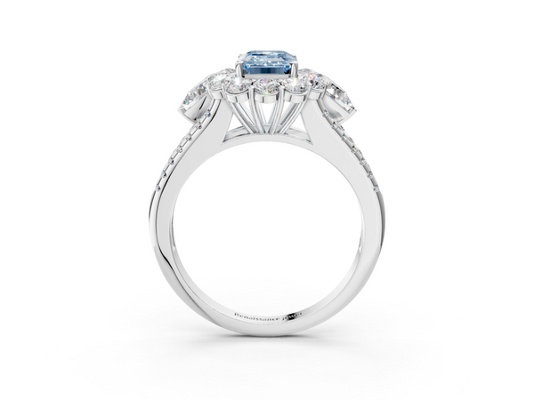 White gold Fancy Blue Emerald  Halo Split Shank Diamond Engagement Ring with Prong Setting