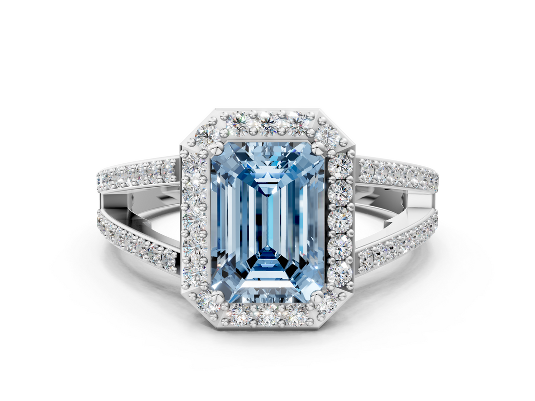 White gold Fancy Blue Emerald  Halo Split Shank Diamond Ring with Four-Prong Setting_32