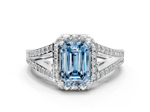 Platinum Fancy Blue Emerald  Halo Split Shank Diamond Ring with Prong Setting