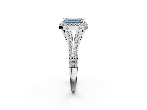 Platinum Fancy Blue Emerald  Halo Split Shank Diamond Ring with Prong Setting