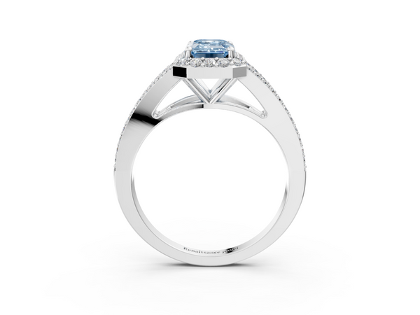 Platinum Fancy Blue Emerald  Halo Split Shank Diamond Ring with Prong Setting