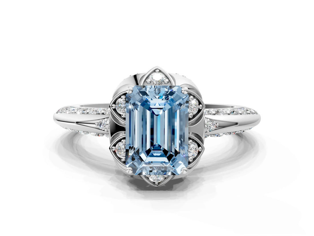 White gold Fancy Blue Emerald  Halo Split Shank Pave Diamond Ring with Petal Prong Setting_32