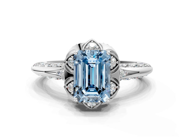 Platinum Fancy Blue Emerald  Halo Split Shank Pave Diamond Ring with Petal Prong Setting