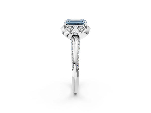 Platinum Fancy Blue Emerald  Halo Split Shank Pave Diamond Ring with Petal Prong Setting