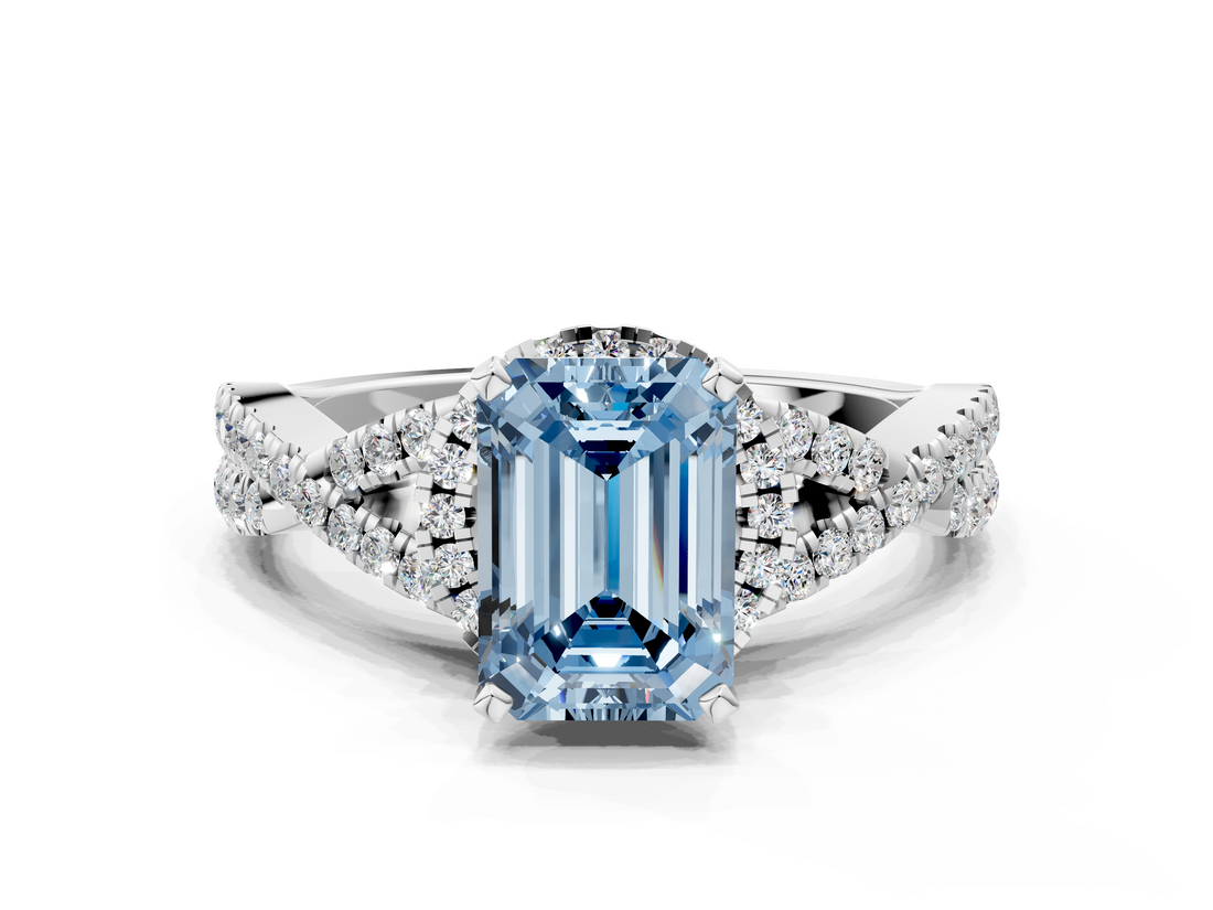 White gold Fancy Blue Emerald  Halo Twist Band Solitaire Prong Setting Ring_63