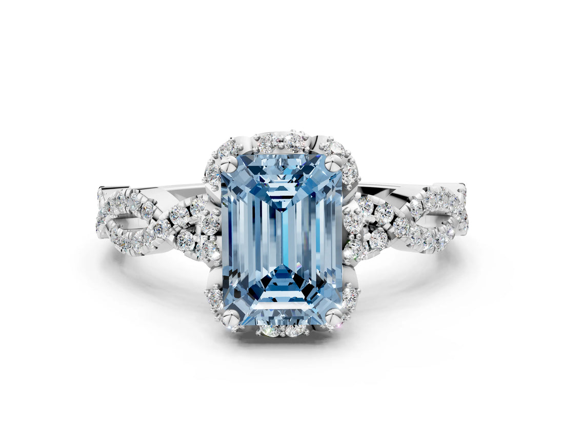 White gold Fancy Blue Emerald  Halo Twist Band Solitaire Ring with Six-Prong Setting_32