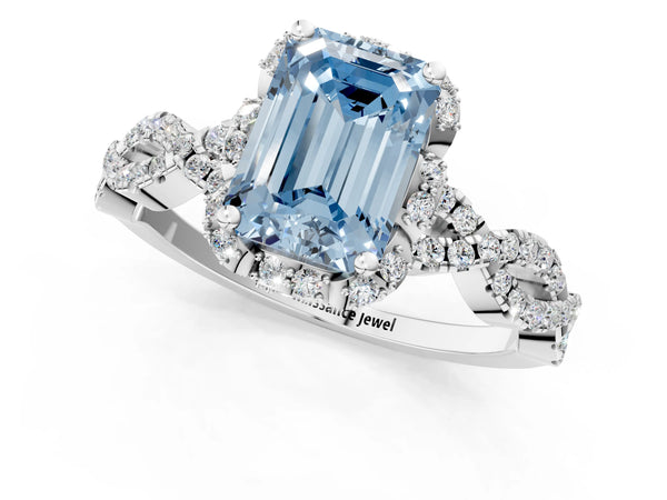 White gold Fancy Blue Emerald  Halo Twist Band Solitaire Ring with Six-Prong Setting