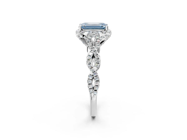 White gold Fancy Blue Emerald  Halo Twist Band Solitaire Ring with Six-Prong Setting