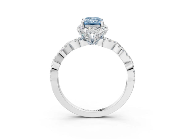 White gold Fancy Blue Emerald  Halo Twist Band Solitaire Ring with Six-Prong Setting