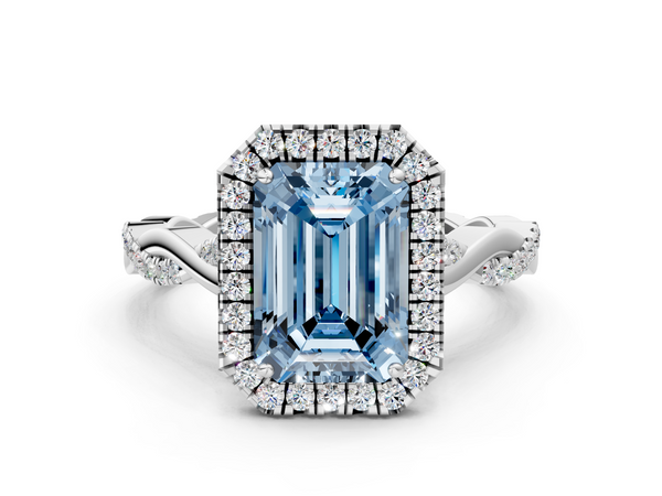 Platinum Fancy Blue Emerald  Halo Twist Band Solitaire Ring