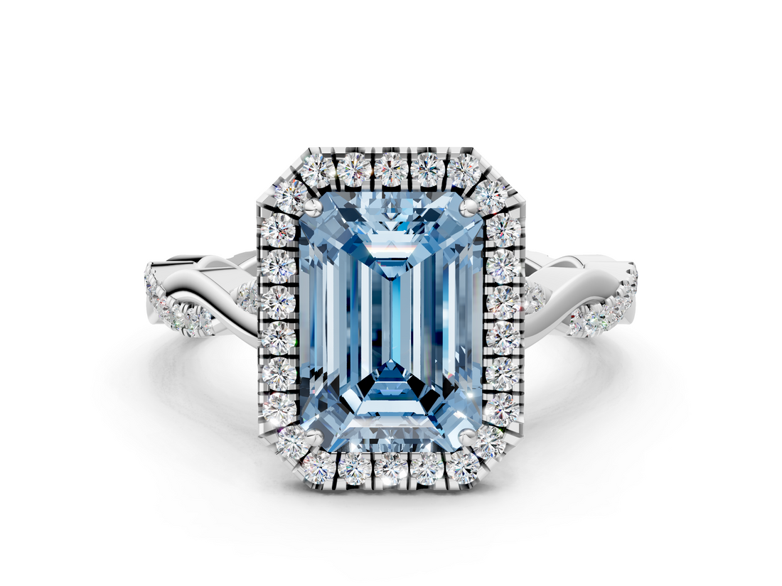 White gold Fancy Blue Emerald  Halo Twist Band Solitaire Ring_20