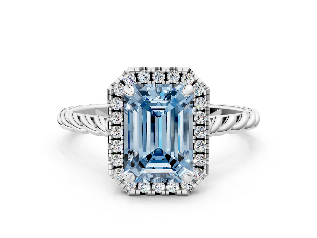 White gold Fancy Blue Emerald  Halo Twisted Band Four-Prong Diamond Ring_20