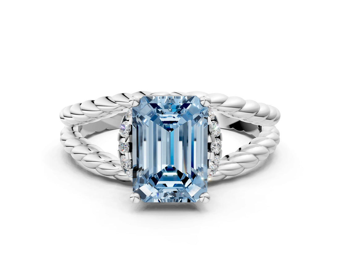 White gold Fancy Blue Emerald  Halo Twisted Band Four-Prong Ring_54