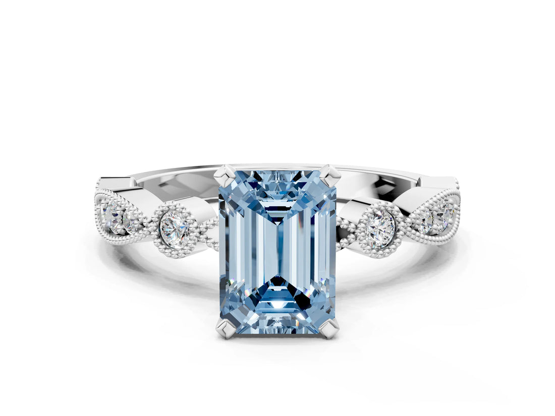 White gold Fancy Blue Emerald  Milgrain Bezel Diamond Engagement Ring with Solitaire Prong Setting_143
