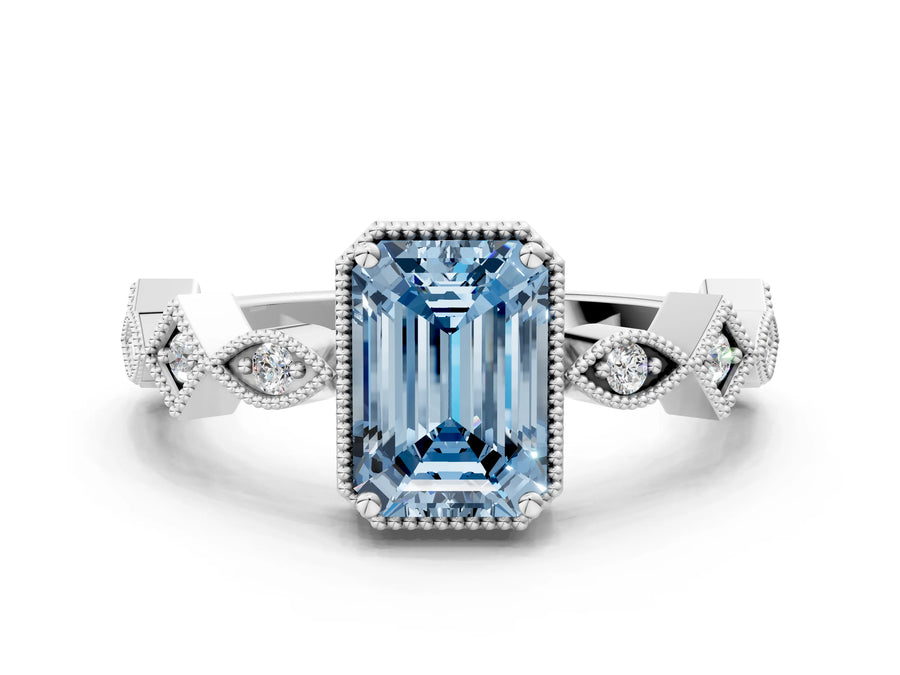 White gold Fancy Blue Emerald  Milgrain Marquise Diamond Twist Band Ring