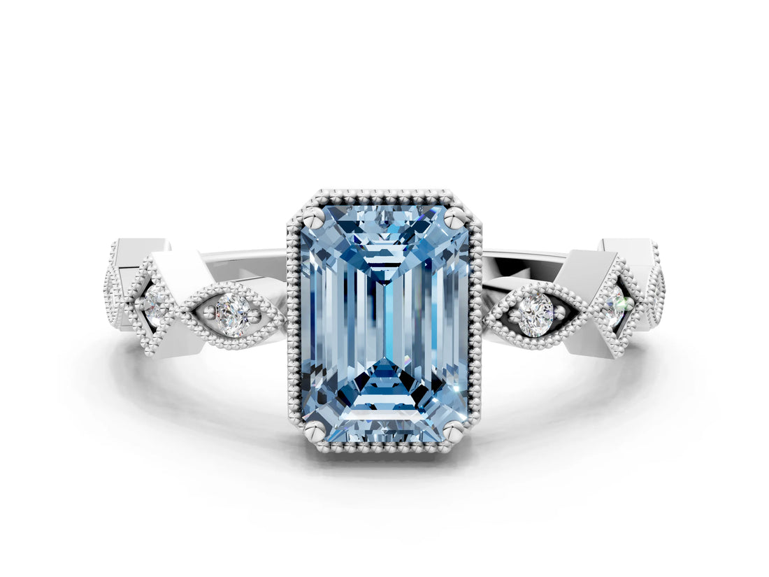 White gold Fancy Blue Emerald  Milgrain Marquise Diamond Twist Band Ring_74