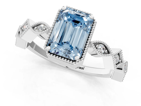 White gold Fancy Blue Emerald  Milgrain Marquise Diamond Twist Band Ring