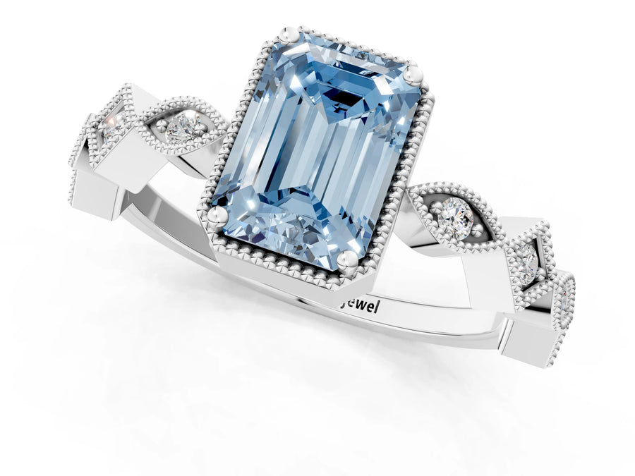 White gold Fancy Blue Emerald  Milgrain Marquise Diamond Twist Band Ring