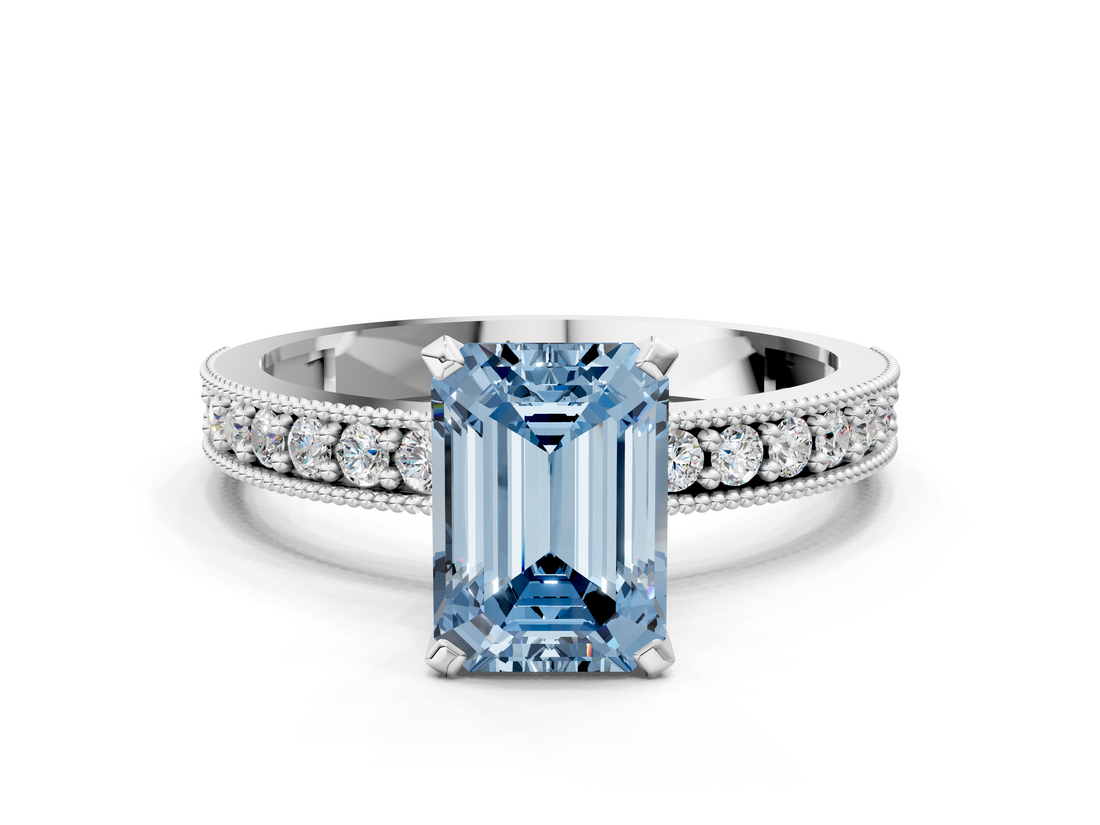 White gold Fancy Blue Emerald  Milgrain Pave Diamond Engagement Ring with Four-Prong Setting_152