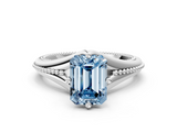 White gold Fancy Blue Emerald  Solitaire Beaded Band Six-Prong Setting