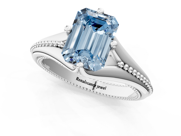 White gold Fancy Blue Emerald  Solitaire Beaded Band Six-Prong Setting